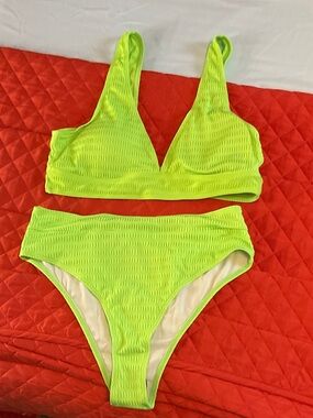 SHEIN Neon Green Textured High-Waist Bikini Set
